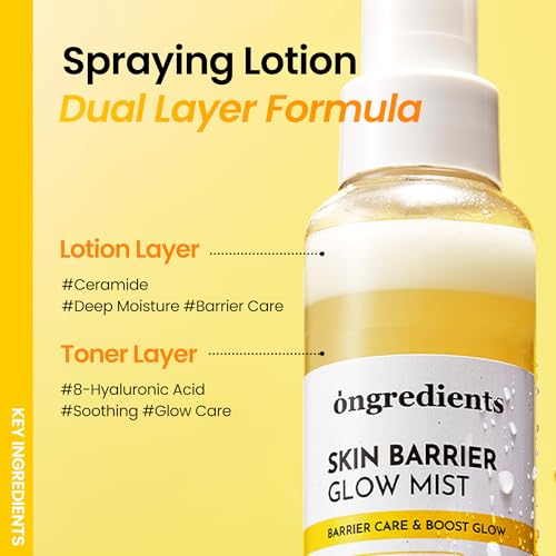 ONGREDIENTS Skin Barrier Glow Mist, Dual-Layer Facial Mist, 98% Pure Glutathione, Multi-Peptide, Centella, Ultra-Fine Spray, Cooling, Dry and Sensitive Skin, Korean Skin Care, 3.38 fl. oz. / 100ml