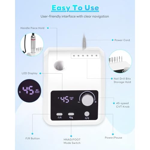 CozyZen Electric Nail Drill Professional: 45000 RPM Nail File Kit Machine with LCD Display, Hand & Foot Control Low Noise for Acrylic, Gel Nails, Manicure & Pedicure - Salon & Home Use
