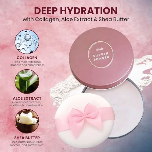 Club Suppin Translucent Pressed Powder Foundation & Overnight Skincare, Makeup Setting Powder & Face Finish POWDER with Shea Butter, Amino Acids& Aloe Extract by Japanese Skincare PINK PLUSH, 2EA