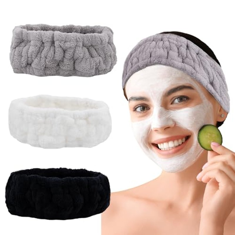 Microfiber Spa Headband 3-Pack for Face Washing & Makeup - Soft Terry Cloth in Black, Gray, White