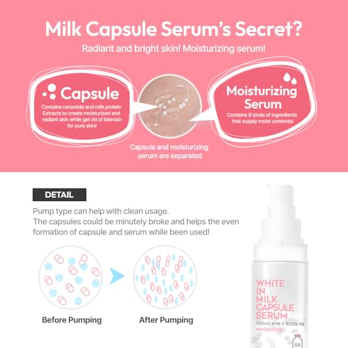 G9SKIN White In Milk Capsule Serum ? Hydrating Face Serum with Milk Protein and Niacinamide for Glowing Skin, 50ml / 1.69 Fl.Oz