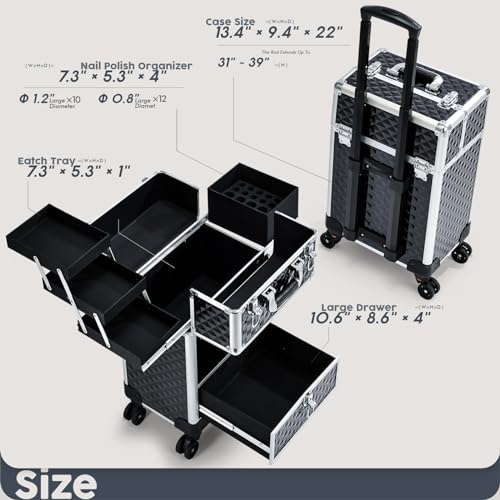 Rolling Makeup Case with 3 Sliding Trays & Wheels