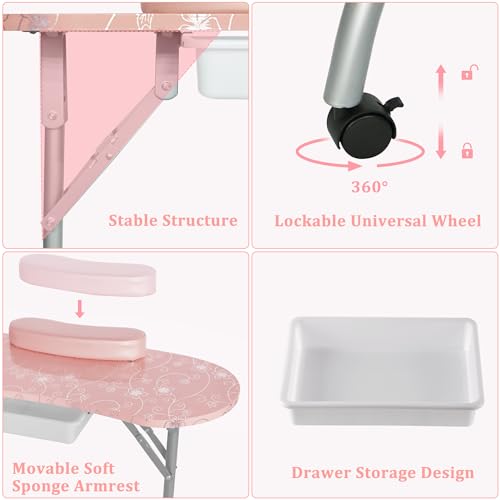 Portable Manicure Table with LED Lamp, Foldable Nail Desk on Wheels
