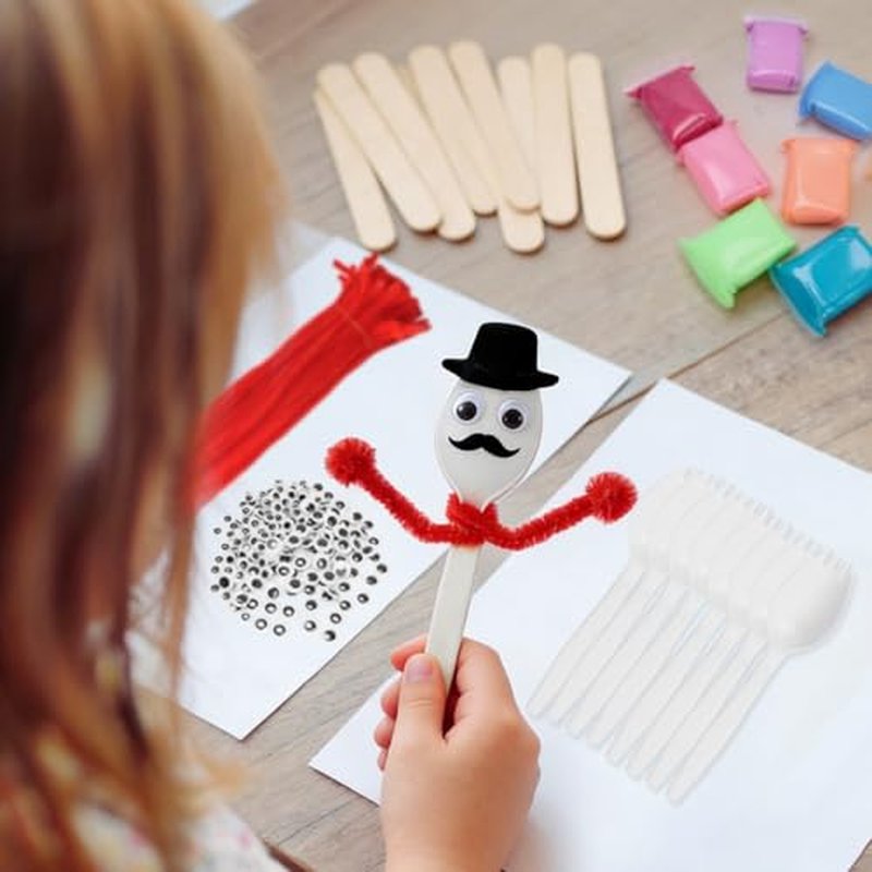 100 Pcs Fork Craft Kit with Clay, Googly Eyes & Popsicle Sticks