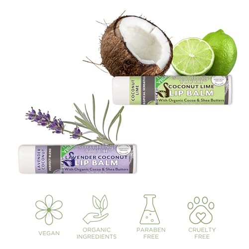 Vegan Lip Balm Set - Pack of 6 Soothing Touch Lip Balms. Includes Muslin Pouch and Lip Balm Holder (White): Lavender Coconut, Vanilla Chai, Vanilla Rose, Coconut Lime, Lemon Cardamom, Grapefruit