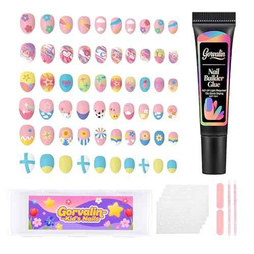 6 Packs Press-On Fake Nails for Kids - Gorvalin 144pcs Full Cover Glue On Nails for Kids French Flower Patterns for Girls Ages 7-12 Nail Art - Includes Nail Adhesive Tabs & Builder Glue