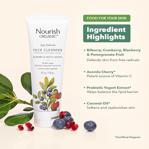 Nourish Organic Face Cleanser, Age Defense Bilberry & Arctic Berries ? Anti-Aging Face Wash with Aloe Vera + Washable Cotton Round (Pack of 2)