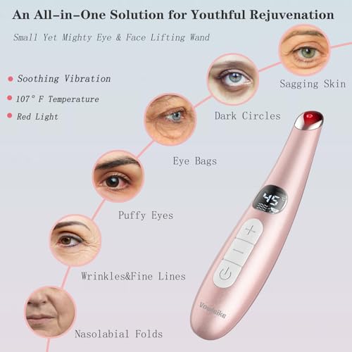 Eye Lift Wand, 3 in 1 Vibrating 98¡ÆF to 113¡ÆF LCD Eye Massager for Dry Eyes, Dark Circles and Puffiness, Face & Neck Lifting Tool for Fine Lines and Wrinkles, Rose Gold