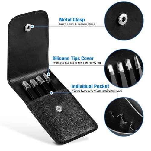 Tweezers for Women Facial Hair, 4Pcs Professional Beauty Tools Stainless Steel Precision Eyebrow Tweezers for Splinter Blackhead and Ingrown Hair Removal, Black