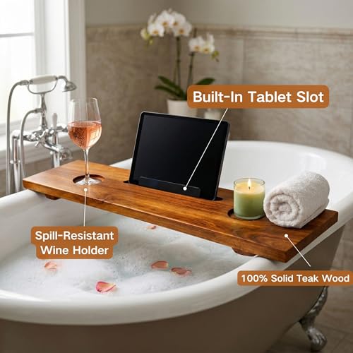 Teak Bathtub Tray 40" - Solid Wood Bath Caddy with Tablet Holder