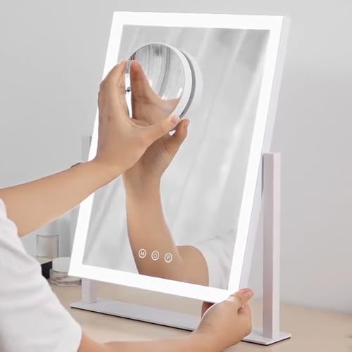 HIEEY Lighted Makeup Mirror, 17.4" L x 13.1" W Hollywood Vanity Mirror with Lights, Three Color Lighting Modes, with 4in 20X Magnification Mirror, Smart Touch Control, 360¡ÆRotation (White,Gift Box)