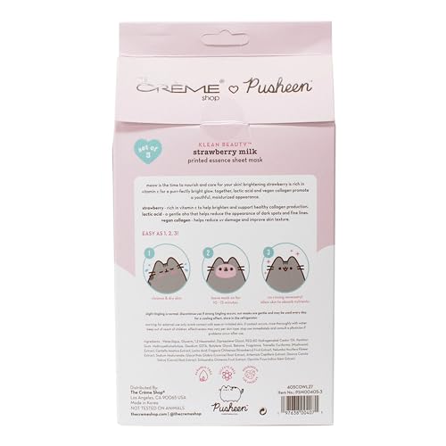 The Cr?me Shop x Pusheen Printed Essence Sheet Mask - Formulated with Collagen, Lactic Acid, and Strawberry for Glowing, Moisturized Skin (Strawberry Milk) (Pack of 3)