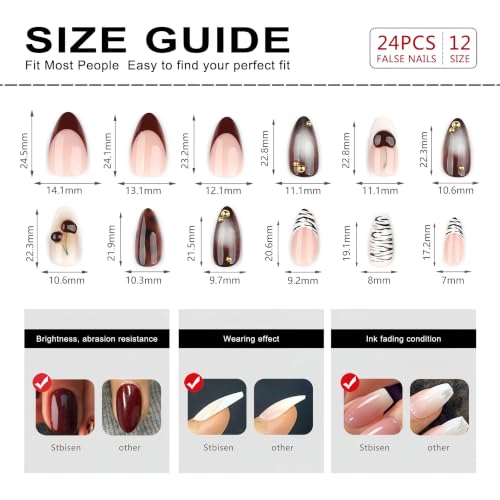 Stbisen 3D Cherry Noir Medium Almond Fake Nails with Tortoise Shell & Gold Accents, Smoky Jelly Gradient, 24PCS, Variation: 3D-65-Cherry Noir
