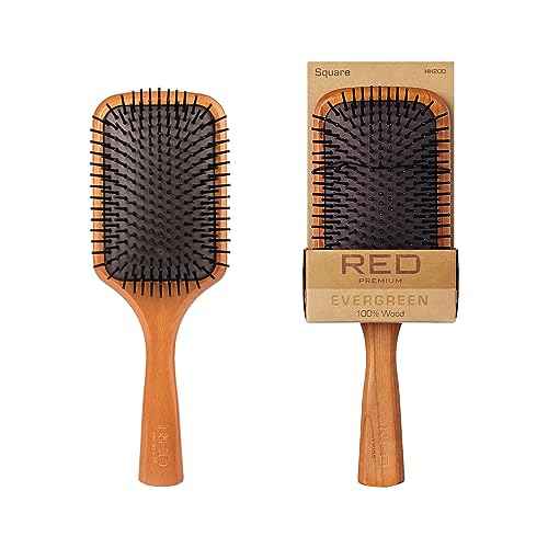 Red by Kiss Evergreen Wooden Square Paddle Hair Brush, 100% Beechwood, Long Bristles, Detangling, For All Hair Types, Sustainable, Painless Detangling, Air Ventilation Hole, Wet Dry Hair, Unisex