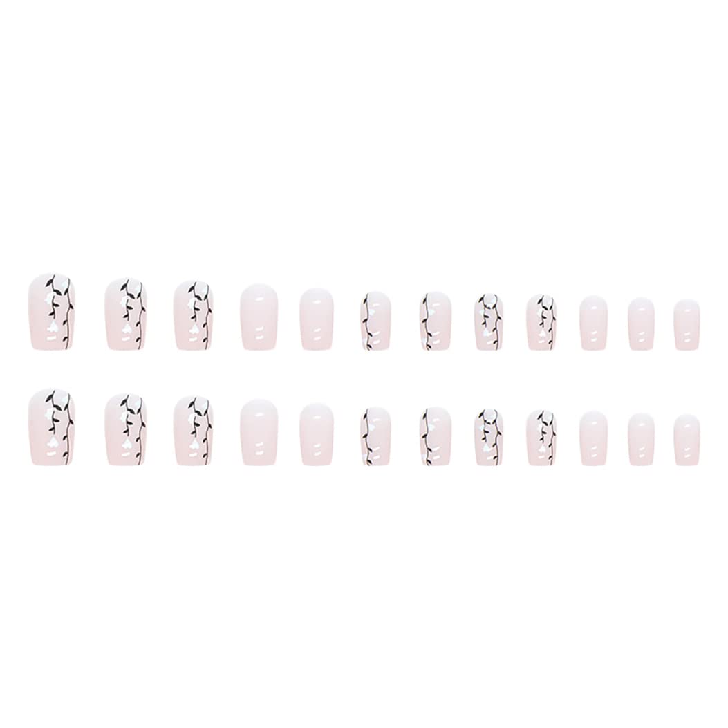 RikView Square Press on Nails Medium Fake Nails Nude Nails Glossy Full Cover Nails 24 PCs/Set