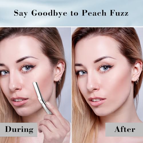 Eyebrow Razor, Face Razors for Women and Men, Reusable Metal Handle with 6 Refill Blades, Eyebrow Trimmer with Precision Cover, Dermaplane Razor, Skin Care Tool - Shiny Silver