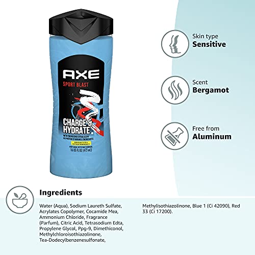 AXE Body Wash Charge and Hydrate Sports Blast Energizing Citrus Scent Men's Body Wash 100 percent Recycled Bottle 16 oz (Pack of 4)