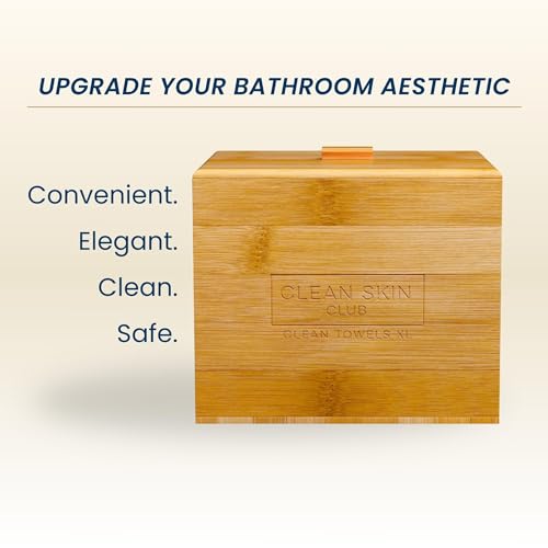 Clean Skin Club Luxe Bamboo container with Removable Cover includes Clean Towels¢ç Original XL 50 Count, Disposable Face Towel Holder for Bathroom Counter