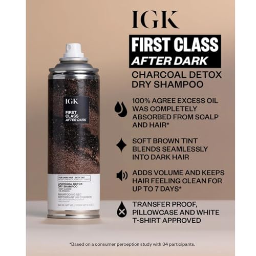 IGK First Class After Dark Charcoal Dry Shampoo for Dark Hair | Soft Brown Tinted Formula, No White Residue | Deep Cleansing, Oil Absorbing & Odor Eliminating | 6.5 oz