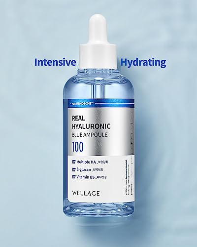 WELLAGE Real Hyaluronic Blue Ampoule 100, Fragrance Free Hyaluronic Acid Ampoule, Hydrating Non Sticky Serum for Sensitive Dry Skin, 1.01 fl.oz