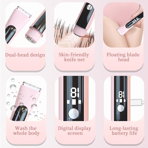 Bikini Trimmer for Women,2 in 1 Dual Head Bikini Shaver & Body Shaver,Cordless & Waterproof Electric Bikini Trimmer for Women, Painless Hair Removal with Silky Glow Finish,New Pink