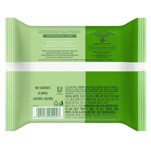 Simple Kind to Skin Cleansing Facial Wipes, 25 Count (Pack of 6)