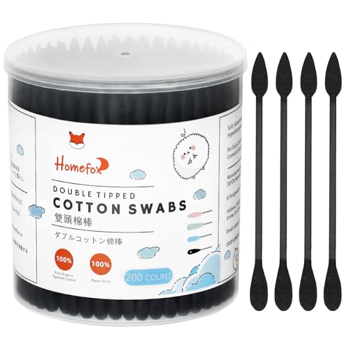 HOMEFOX Black Cotton Swabs - 200 Count Organic Precision Tips