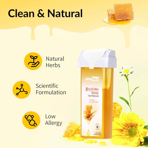 Waxfans Roll On Wax Refill,Wax Roller Refill for Hair Removal,Quick Melting - For Coarse and Fine Hairs.with 2 Honey Waxing Rollers, 50 Waxing Strips(Honey)