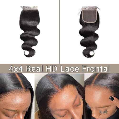 12 Inch 4x4 HD Lace Closure Body Wave Human Hair, Ultra Thin Swiss Lace, Pre Plucked Hairline with Baby Hair, Natural Melt