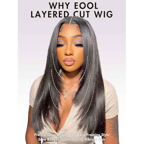 Layered Wig Face-Framing Glueless Wigs Human Hair Pre Plucked Pre Cut 200 Density 6X6 Straight HD Lace Front Ready To Wear Wigs Glueless Human Hair For Black Women Beginner Friendly 18 Inch