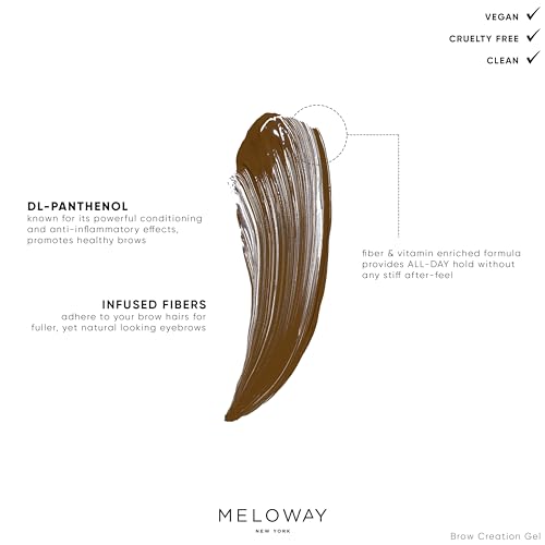 MELOWAY Brow Creation Gel - Tinted Fiber Gel for Thicker, Fluffier Brows - Patented Brush - Vitamin-Enriched Formula - Vegan, Cruelty-Free, Clean - Made in USA - Licorice Tease (Black) - 6.0ml