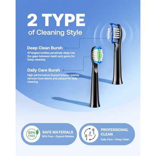 Bitvae D2 Electric Toothbrush Replacement Heads, Sonic Toothbrush Heads Refills, 2 Types of Cleaning Style, 5 Pack, Black