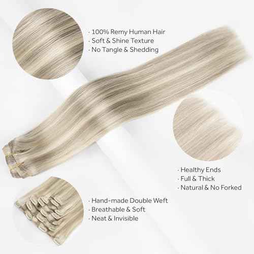 Clip in Hair Extensions Real Human Hair, Remy Hair Extensions Clip In Human Hair Thick and Silky, Ash Blonde Highlighted Platinum Blonde #P17A/60A 24Inch 120G 7PCS
