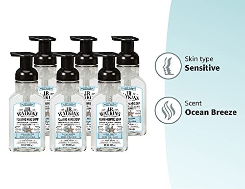 J.R. Watkins Foaming Hand Soap For Bathroom or Kitchen, Scented, USA Made And Cruelty Free, 9 Fl Oz, Ocean Breeze, 6 Pack