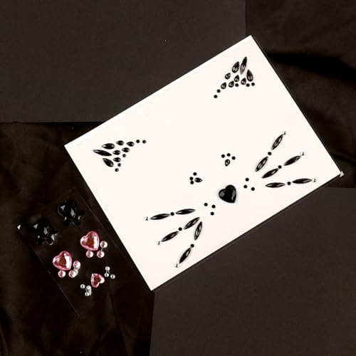 Black Cat Face Gems, Pink Cat Print Jewels, Face Crystal Jewels, Fake Cat Lash Gems Tattoo Eye Stick on for Men, Women, Kids, Halloween Prank Makeup Costume