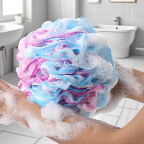 XXL Loofah Bath Sponge 4-Pack - Large Exfoliating Mesh Pouf