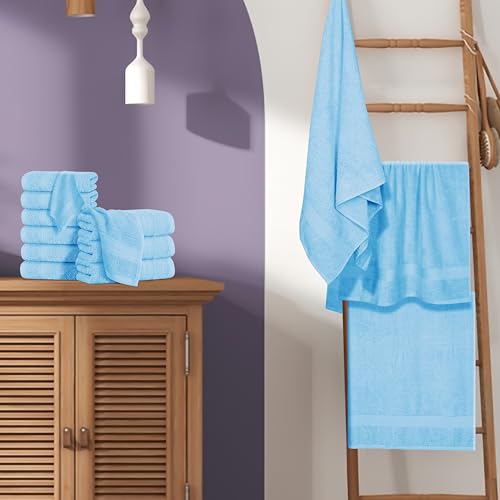 BOUTIQUO 24 Pack Cotton Towel Set, Contains 6 Bath Towels 27x54 inch, 6 Hand Towels 16x24 inch & 12 Wash Coths 12x12 inch, Ideal Everyday use, Ultra Soft Compact & Lightweight - Sky Blue