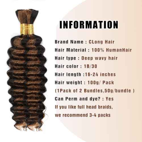 1B/30 Highlight Bronze Human Braiding Hair Deep Wave Bulk£¬Black and Gold No Weft Curly Braiding Hair Extensions for Boho Braids Wet and Wavy Braiding Human Hair Bundles(20inch,1B/30,100g)