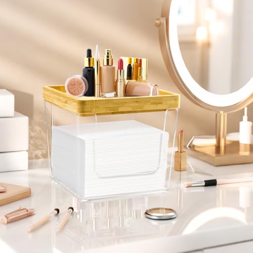 GRETJOB Disposable Face Towel Holder Box, Acrylic Facial Container for XL Clean Skin Club, Large Storage With Bamboo Lid Towel Organizer Container for Bathroom, Vanity Makeup, Clear