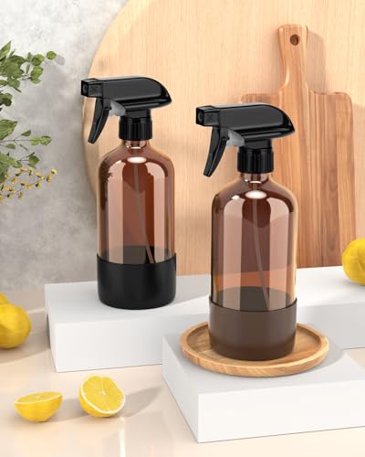 Amber Glass Spray Bottle 16oz with Silicone Sleeve, 2 Pack