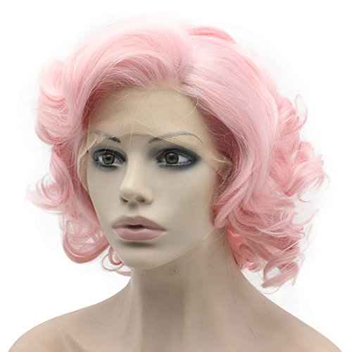 MX angel Heat Friendly Synthetic Hair Lace Front Pink Short Curly Wig