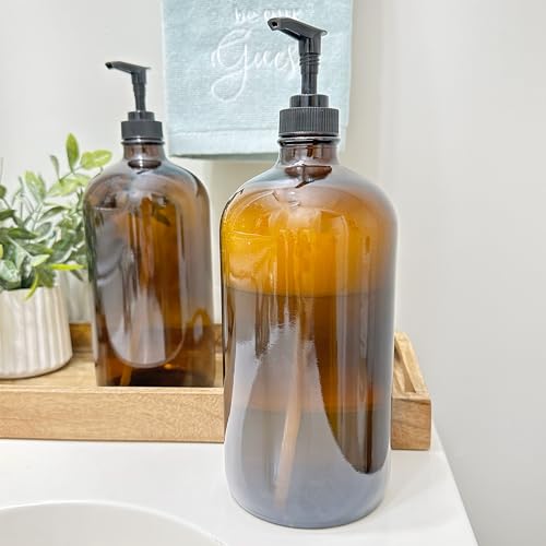 Cornucopia Brands 32-Ounce Amber Glass Lotion Pump Bottles (2-Pack); Quart Size Brown Bottles w/Black Plastic Locking Pump Dispensers; Includes Chalk Labels