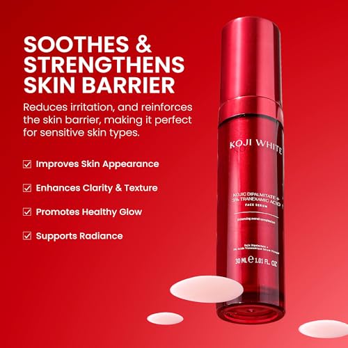 Koji White 2% Kojic Acid Serum + 3% Tranexamic Acid, 5% Niacinamide | Hydrating Facial Soothing Moisturizer for Uneven Skin - Vegan Skin Care, Fragrance Free, Unscented for Sensitive Skin - 1.01 Fl Oz