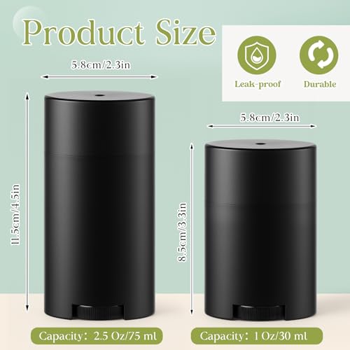 50 Pack Black Empty Deodorant Containers, 75ml/2.5oz, Bottom Filling, Refillable Deodorant Tubes Lipstick Balm Tubes Twisted, Plastic Oval for Homemade DIY Aromatherapy, Balm, Lotion