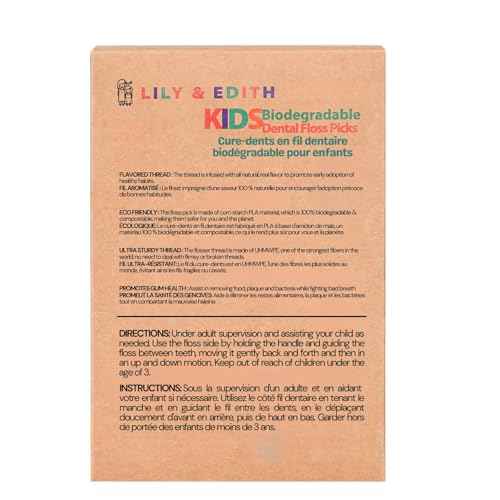 LILY & EDITH Kids Biodegradable Dental Floss Picks 200 Counts, Fluoride Free, Plant Based Material, Fun Animal Flossing Sticks, Ultra Sturdy Thread, Zero Waste Package (Unflavored)
