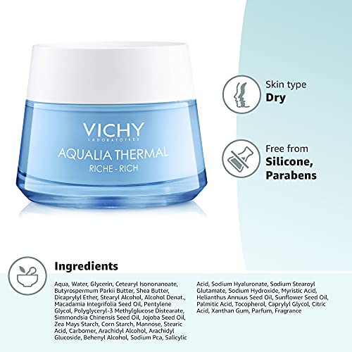 Vichy Aqualia Thermal Rich Face Cream Moisturizer for Dry and Extra-Dry Skin, Facial Moisturizer with Hydrating Natural Origin Hyaluronic Acid, Soothe and Moisturize, Paraben-Free