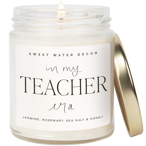 Sweet Water Decor In My Teacher Era Candle - Jasmine, Rosemary, Sea Salt, and Honey Scented Candle - 9 oz Soy Candle in Clear Jar with 40+ Hours Burn Time - Gifts for Teachers