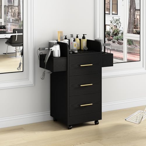 Rolling Salon Station with 6 Hair Dryer Holders & 3 Drawers