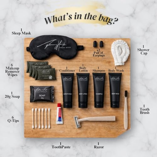 24 Piece Toiletry Kit for Hotels & Airbnb | 1oz Shampoo, Conditioner, Body Wash, Body Lotion, Bar Soap, Shower Cap, Razor, Toothbrush Set, Qtips & Makeup Remover Wipes (Toiletry Kit, 1)