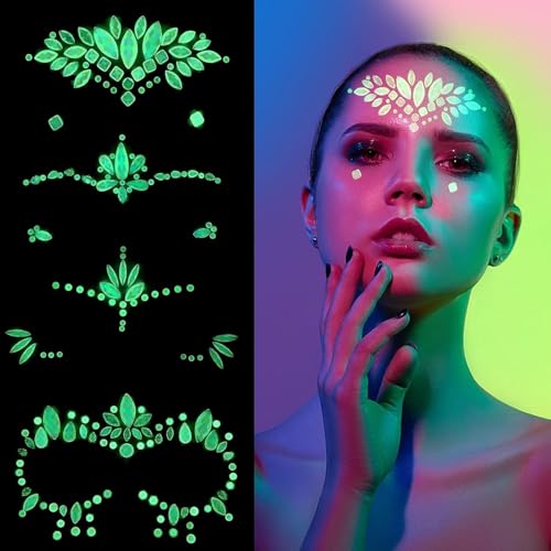 Glow in the Dark Face Gems Stickers - 4 Sets Rhinestone